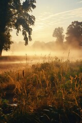 Poster - A serene landscape of a foggy field with tall grass and trees in the background. Suitable for nature and outdoor themes