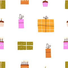 Aufkleber - Birthday pattern. Seamless party background, gift boxes and candles in cakes. Endless holiday texture, repeating print, presents and cupcakes. Flat vector illustration for wrapping, textile design