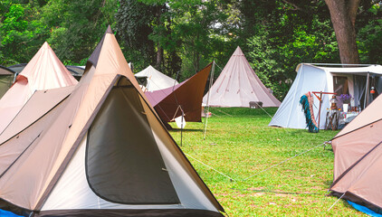 Wall Mural - group of camping field tents on green lawn and greenery background in campground area at natural par