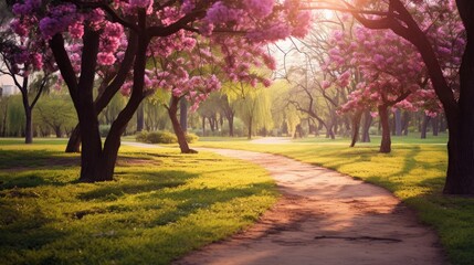 Wall Mural - Old pathway and beautiful orchid trees track in the park on green grass field on the side of the golf course. Sunlight and flare concept.