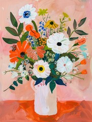 Wall Mural - Hand-painted flower bouquet featuring soft colors and bold brush strokes.