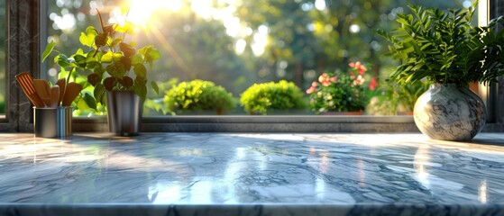 Poster - Close-up of a kitchen marble countertop near a window with a green plant, on the background of a blurred kitchen with appliances and utensils.
