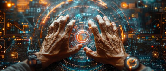 Fototapete - Top view of a businessman holding a computer and interacting with digital layer effect as a marketing strategy