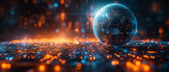 Aufkleber - On the background of digital technology, a blue globe can be seen