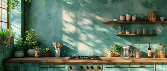 Poster - The interior of a green kitchen with an island. A stylish kitchen with wooden worktops. A cozy olive kitchen with utensils and appliances. A close-up of the kitchen worktop. 3D visualisation. 3D