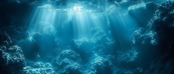 Wall Mural - A Deep Abyss In The Underwater Sea With Blue Sunlight