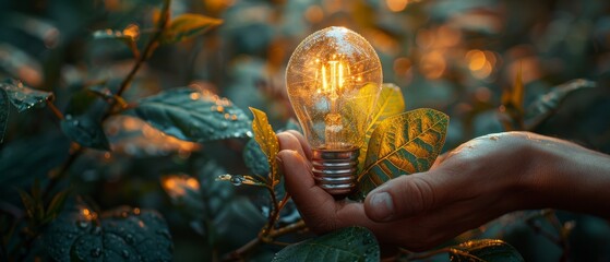 Aufkleber - Conceptual illustration of hand holding light bulb against nature and icon for renewable, sustainable development. Technology, Environment, Ecology.