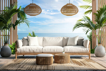 Wall Mural - Outdoor Living room with nature scenery view for rest and relax decorate with modern furniture, cozy home decor background.