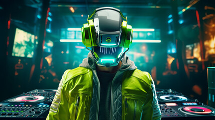 DJ in green bright helmet and headphones in neon lights of nightclub behind DJ rig. Cyborg DJ at
bright green jacket and helmet behind colorful 3d rendering glowing wires on night light