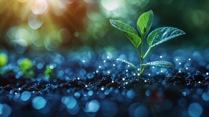Aufkleber - A growing plant sprouts under the sun beams. In this piece, we see a blue low poly style design with an abstract geometric background and a wireframe light connection structure. It is a modern 3D