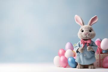 Wall Mural - Banner of cute easter bunny charachter holding a bag fulled with easter eggs on blue background.
