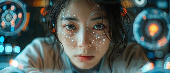 Aufkleber - An innovative future technology is used by a young Asian woman to see the data and functions of her phone in a holographic display around her.