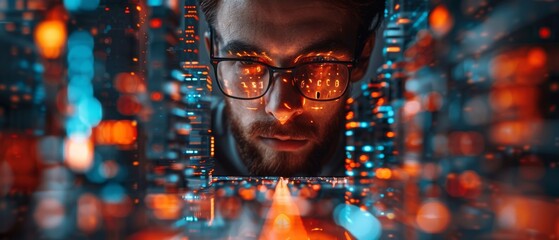 Poster - Business and technology, IoT concept, man programmer, software developer working on digital tablet, smart cities with binary codes and htmls on screen.