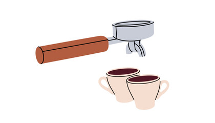 Wall Mural - Coffee portafilter with coffee cups. Hand drawn elements for cafe menu, coffee shop. Vector illustration.