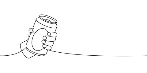 Hand holding a beer can one line continuous drawing. Beer pub products continuous one line illustration. Vector linear illustration.