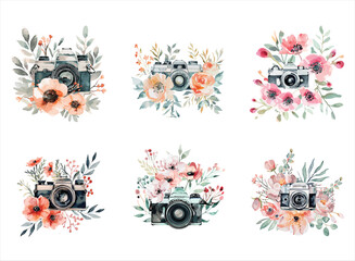 Photography watercolor floral camera logo.