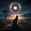A regal cat sits in contemplation, watching a stunning solar eclipse unfold in a mystical, mist-covered landscape, creating a serene and awe-inspiring scene perfect for any celestial-themed project.