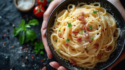 carbonara pasta from Rome, Italy, tantalizes the taste buds with a rich creamy sauce of egg, parmesan cheese and guanciale