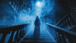 Female ghost standing on a gothic staircase haunted gothic mansion foyer style horror theme  blue glow