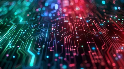 Canvas Print - Futuristic circuit board server code processing in vibrant red, green, blue: 3d rendering of advanced technology background with bokeh effect