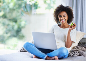 Poster - Apple, mockup and portrait of woman on sofa with laptop for social media, lifestyle blog and food website at home. Happy female person, technology or fruit for nutrition, healthy diet or clean eating