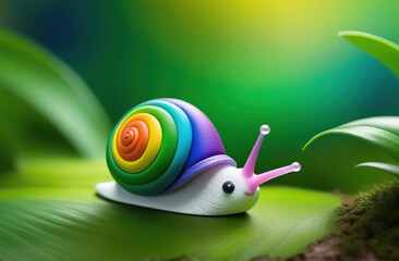 cartoon snail with a rainbow shell, slowly making its way through a vibrant, lush rainforest, with a rainbow of colors in the sky, a light mist in the air, and exotic wildlife all around.