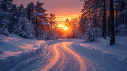 Road leading towards colorful sunrise with snow covered trees 
