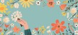 A cheerful and colorful illustration featuring a hand holding a small bouquet against a sky-blue background, surrounded by an array of whimsical flowers. Spring.