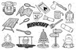 Survival equipment bushcraft hiking and camping items vector illustration