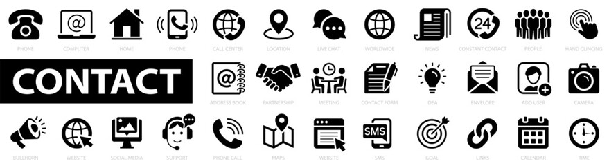 Wall Mural - Contact icon set. Contact Us icons in flat style. Phone, e-mail, address, customer service, call, address book, idea, social media, website and more. Solid icons vector illustration