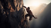 A muscular Athletic Man, a climber descending from a cliff with a safety net on the background of Mountains. Extreme outdoor sports, Active lifestyle, travel concepts. Horizontal banner, Copy space.