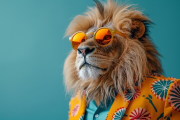 a stylish lion wearing sunglasses and summer suit on color background, animal funny pop art