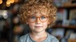 A young boy with curly hair and glasses standing