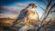 A Falcon Bird On A Dry Tree Waiting For Its Morning Prey