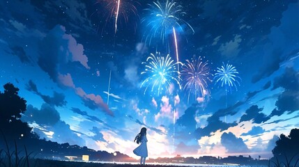 夜空の打ちあげ花火を見る女性のアニメ風イラスト