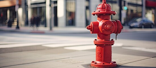 Poster - Vibrant Red Fire Hydrant Standing Tall on Urban Street Corner Ready for Emergency Action