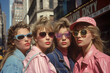 portrait of four fashion girl in style clothing on street in the city in summer. Vintage retro color film photography from the 1980s