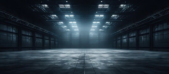 Poster - Eerie Illumination: Spacious Industrial Shed with Minimal Lighting in the Dark