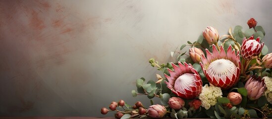Aufkleber - Vibrant Protea Ranunculus Bouquet Adds Elegance to Table Setting with Lush Greenery