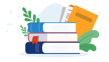 Aufkleber - Stack of school books - Simple vector illustration of education book on top of each other with decorative leafs and white background in flat design