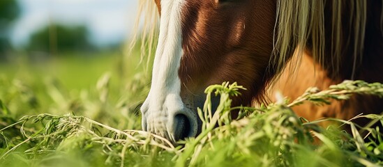Poster - Majestic Horse Grazing Peacefully in Lush Field of Vibrant Tall Grass