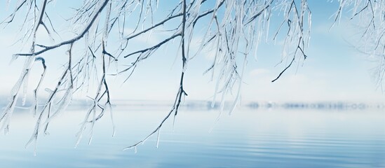 Poster - majestic birch tree branches covered in ice over frozen lake under winter sky