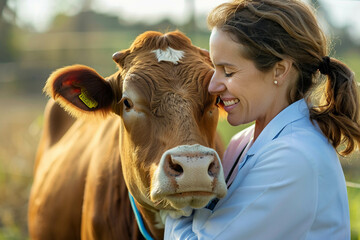 Woman veterinarian with a cow in nature. A veterinarian on a farm examines an animal. Photo for Veterinarian's Day