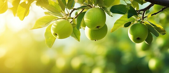 Leinwandbilder - Lush Green Apples Hanging from Tree Branches in a Vibrant Apple Orchard
