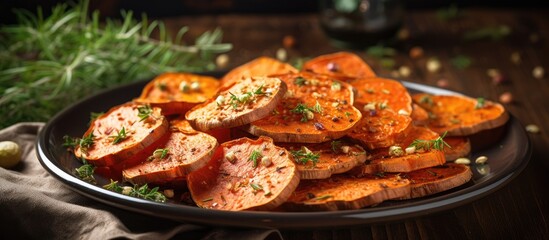 Leinwandbilder - Delicious Baked Sweet Potato Slices Garnished with Fresh Herbs on a Plate