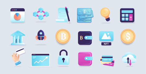 Poster - Fintech symbols illustrations collection - Set of semi 3d vector graphics of financial technology themes, like money, banking, blockchain and crypto