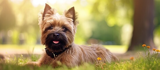 Poster - Vibrant Cairn Terrier Enjoying a Sunny Day with a Playful Pose in the Green Grass