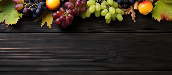 Poster - Harvest Bounty Display: Fresh Grapes and Apples Arranged Artistically on Rustic Wooden Surface