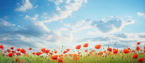 Aufkleber - Vivid Red Poppies Blanket Spring Meadow Under Clear Blue Sky in Stunning Nature Scene