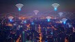 Night cityscape illuminated with vibrant wireless network connection lights - urban connectivity and technology concept